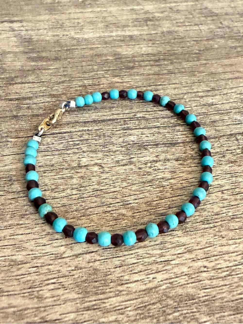 Faux Turquoise & Brown Beaded Bracelet Lobster Clasp